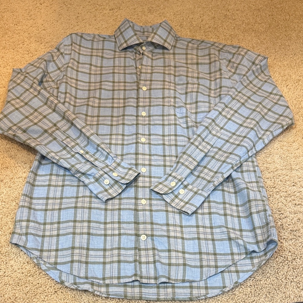 Peter Millar Men’s Light Blue and Olive Plaid Shirt